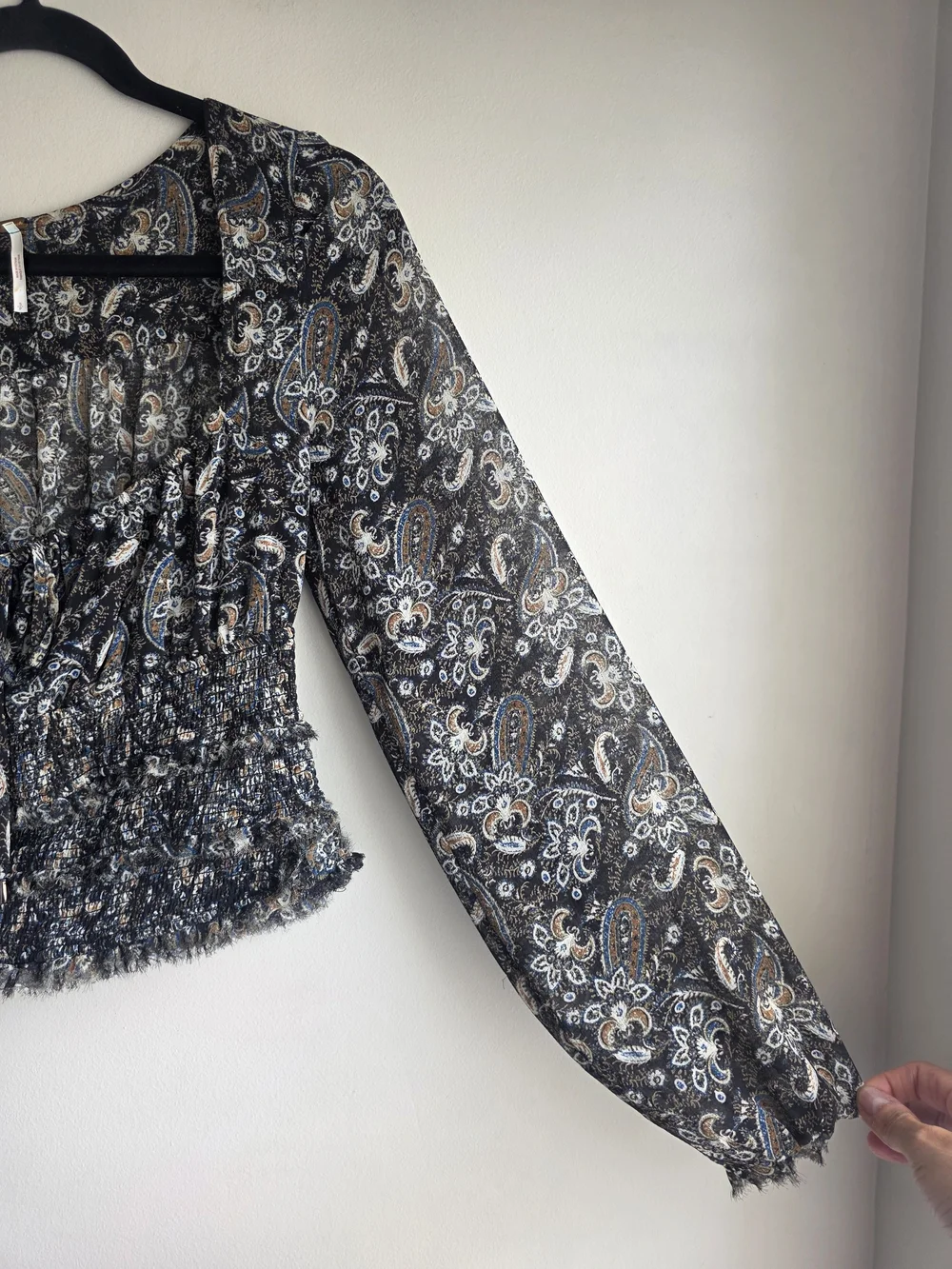 Free People Lolita Black Paisley Smocked Crop Blouse Top S Like New